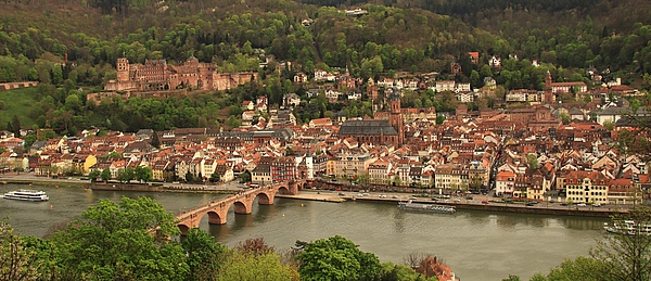 Blick auf die Altstadt Heidelbergs. Im Mittelgrund ist der Neckar mit der Alten Brücke zu sehen. Im Hintergrund ist das Schloss vor dem Berg Königsstuhl.